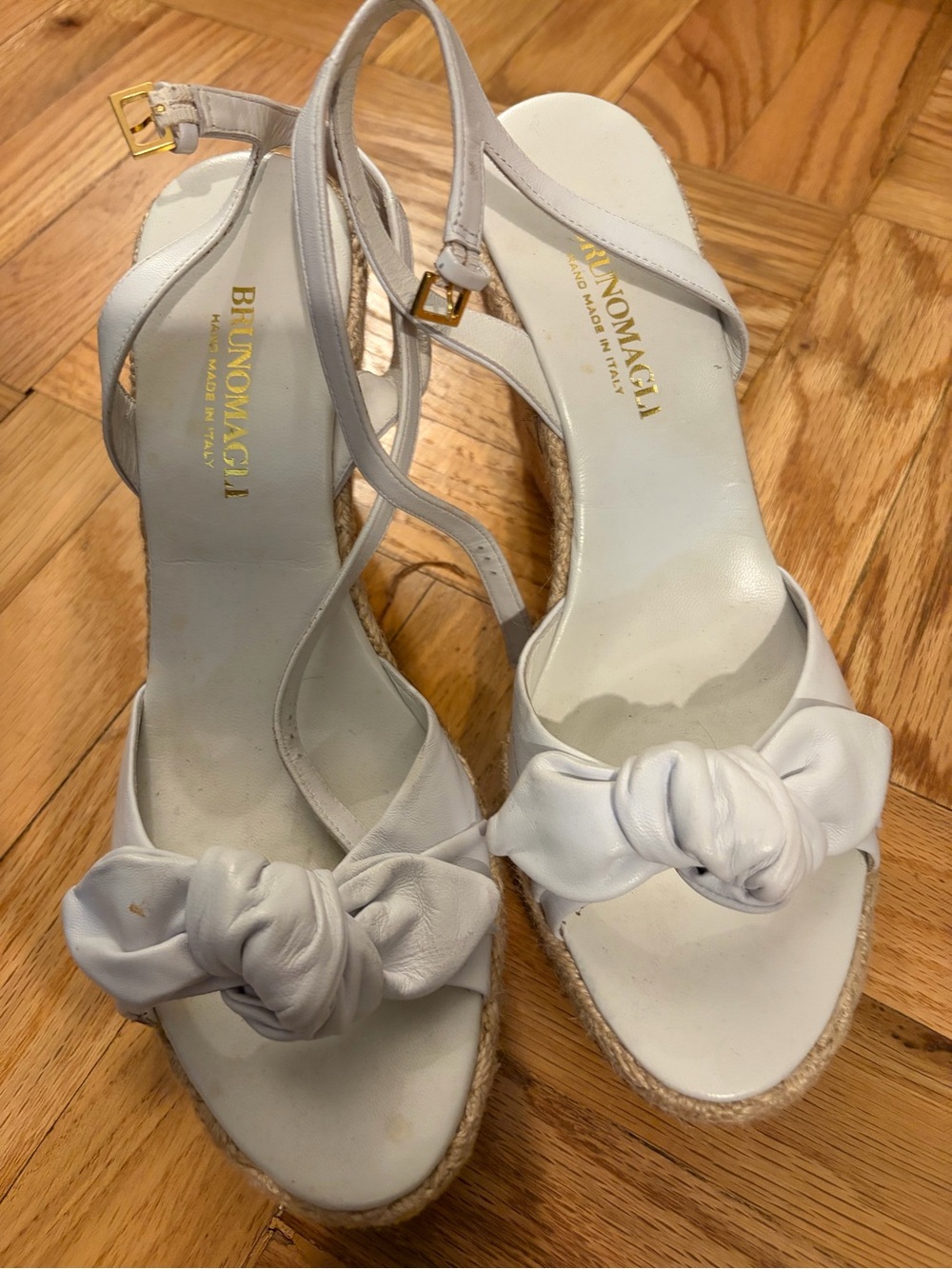 Bruno Magli White Knotted Espadrille Wedge Sandals with Ankle Strap Size 39